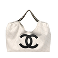Denim Calfskin Quilted Coco Beach Small Shopping Tote White Black