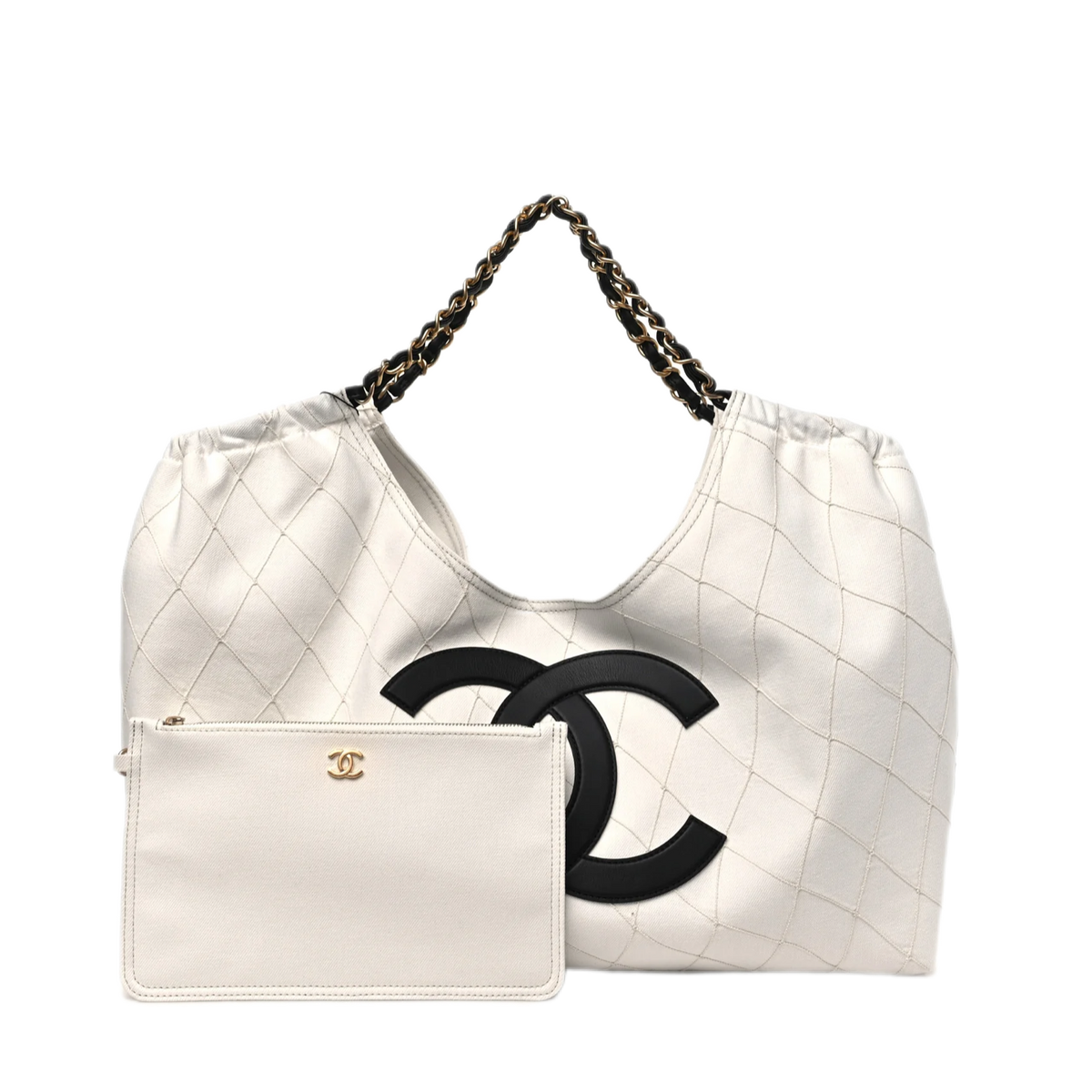 Denim Calfskin Quilted Coco Beach Small Shopping Tote White Black