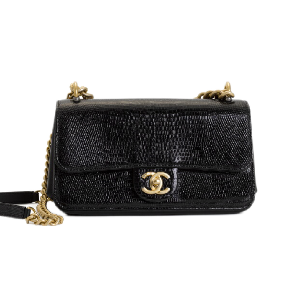 Black Lizard Flap Bag Gold Hardware, 2018-2019
